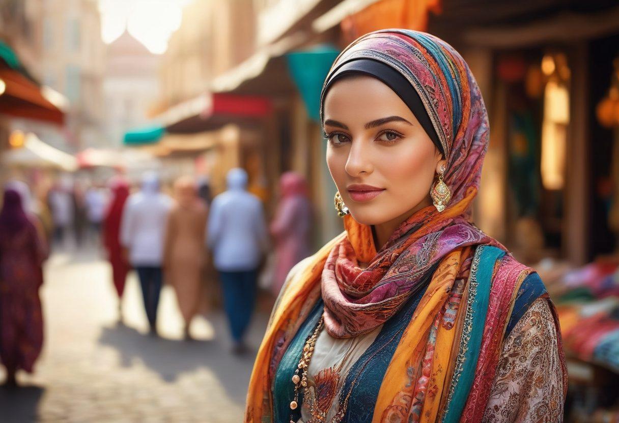 A stylish woman wearing a beautifully patterned hijab in vibrant colors, accessorized with elegant statement earrings and a delicate necklace. The background features a softly blurred street market scene with colorful fabrics and accessories. Sunlight filters through, creating a warm, inviting atmosphere. The image should convey a sense of confidence and elegance in modest fashion. super-realistic. vibrant colors. soft focus.