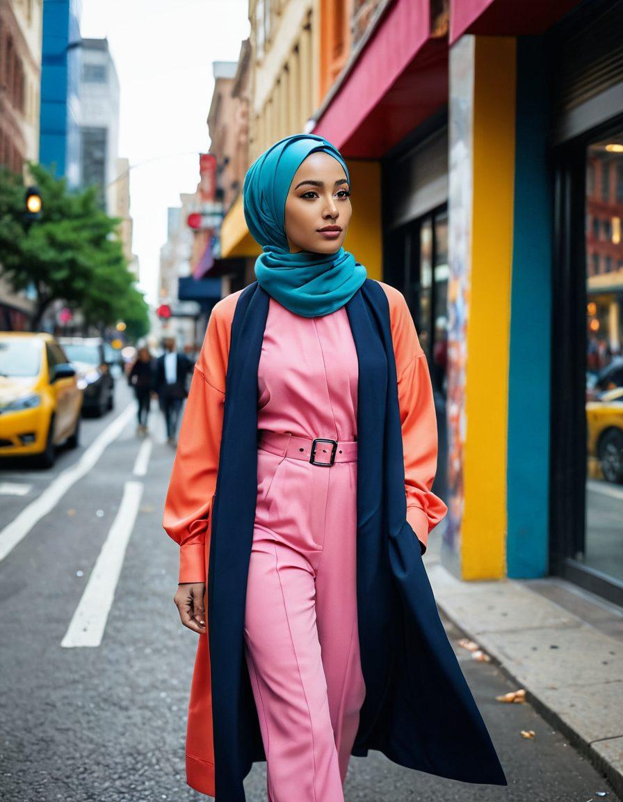 A stylish woman wearing a modern, chic hijab in a vibrant urban setting, showcasing the fusion of traditional and contemporary fashion. Surround her with diverse individuals, each displaying unique hijab styles, symbolizing the evolution of trends. Incorporate fashion-forward clothing and accessories for a lively atmosphere. Include hints of a fashion runway in the background. super-realistic. vibrant colors. urban environment.